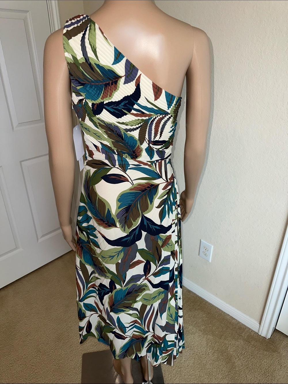 NWT Nicole Miller One-Shoulder Maxi Dress in Green, Blue, Brown, Cream Size 4 - Picture 3 of 16